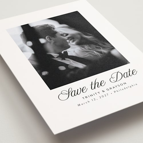 This is a tux save the date postcards with standard by Susan Asbill called classically printing on signature in postcard