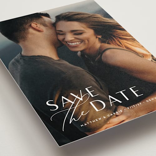 This is a pearl save the date postcards with standard by Jennifer Postorino called eloquent printing on signature in postcard