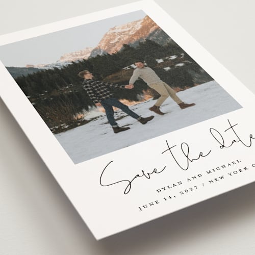This is a cloud save the date postcards with standard by Katherine Moynagh called scripted style printing on signature in postcard