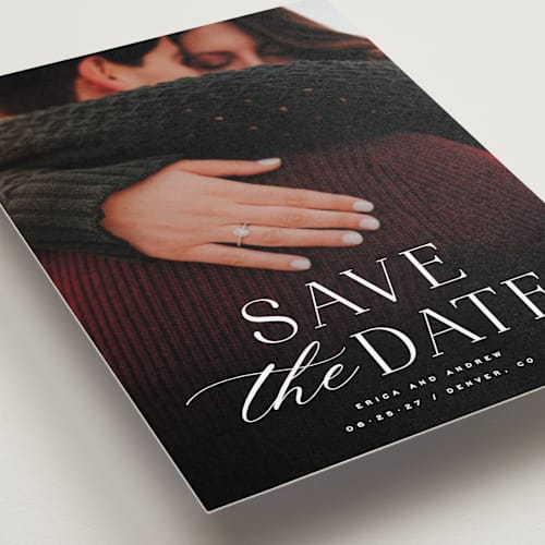 This is a dove save the date postcards with standard by Hooray Creative called classic serif printing on signature in postcard