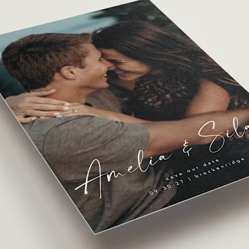 This is a marshmallow save the date postcards with standard by Lea Delaveris called because of you printing on signature in postcard