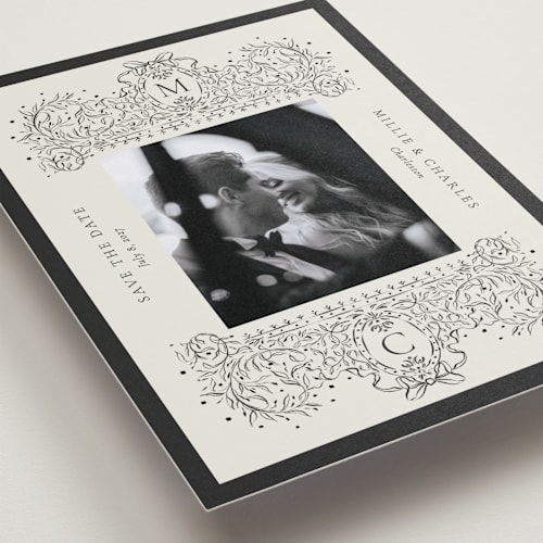 This is a latte save the date postcards with standard by Jackie Crawford called ornate sketched frame printing on signature in postcard