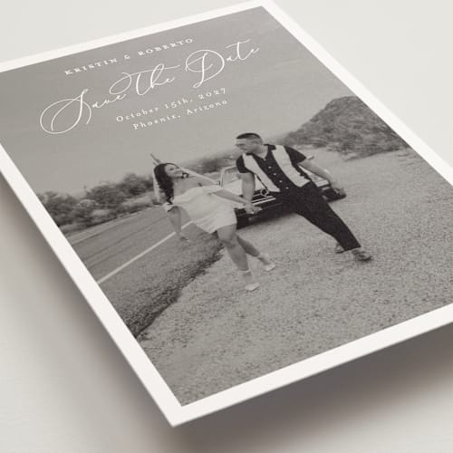 This is a bianco save the date postcards with standard by Pati Cascino called toulon printing on signature in postcard