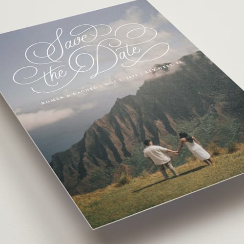 This is a pearl save the date postcards with standard by Kristen Smith called arched script printing on signature in postcard