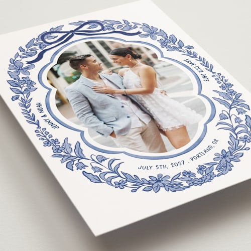 This is a porcelain save the date postcards with standard by Elly called charm printing on signature in postcard