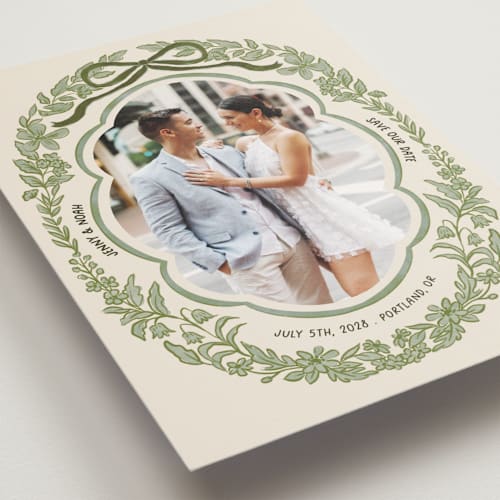 This is a olive save the date postcards with standard by Elly called charm printing on signature in postcard