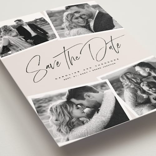 This is a vanilla save the date postcards with standard by Lea Delaveris called our collage printing on signature in postcard