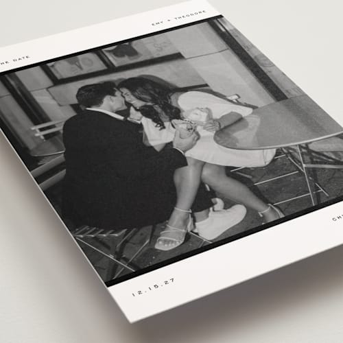 This is a onyx save the date postcards with standard by Pixel and Hank called photosnap printing on signature in postcard