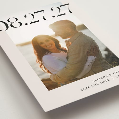 This is a ivory save the date postcards with standard by Pixel and Hank called all stacked up printing on signature in postcard