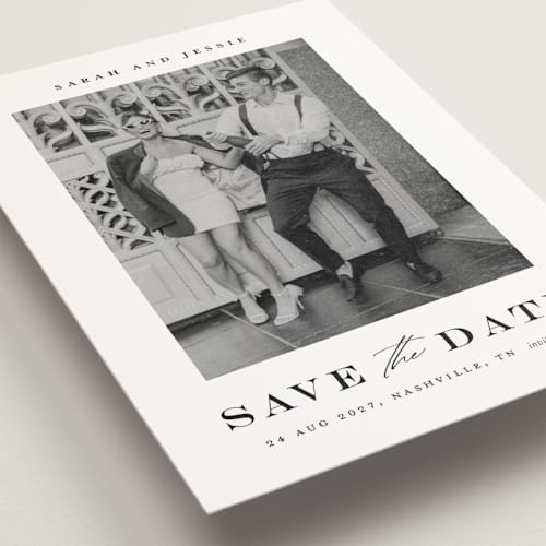 This is a midnight save the date postcards with standard by Stacey Meacham called classic charm printing on signature in postcard