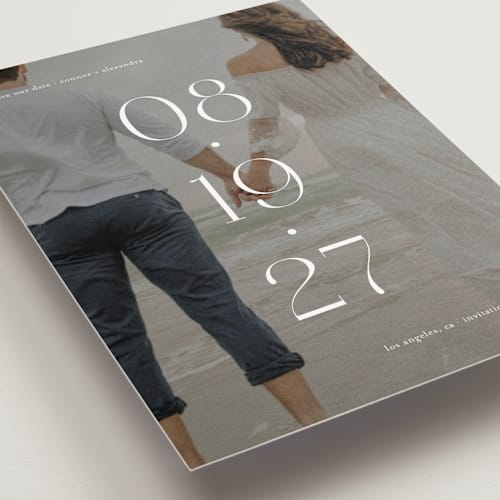 This is a pearl save the date postcards with standard by Olivia Goree called horizon line printing on signature in postcard
