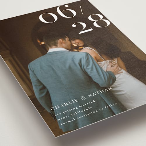 This is a pearl save the date postcards with standard by Shannon Chen of Four Wet Feet Studio called our big date printing on signature in postcard