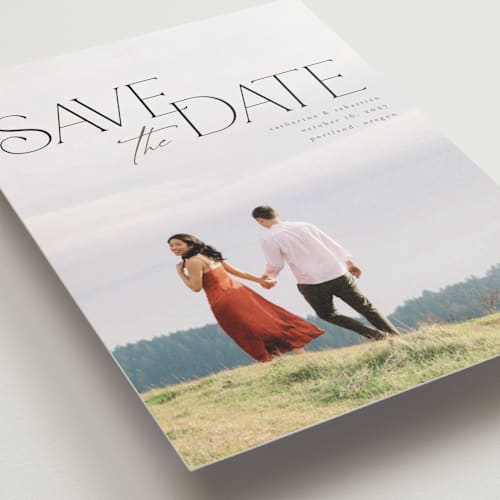 This is a galaxy save the date postcards with standard by Orasie called hand in hand printing on signature in postcard