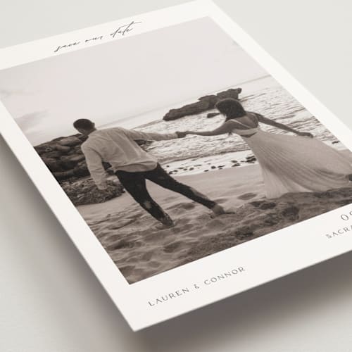 This is a pearl save the date postcards with standard by Nicole Walsh called pano printing on signature in postcard