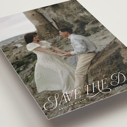 This is a porcelain save the date postcards with standard by Sarah Brown called story book printing on signature in postcard