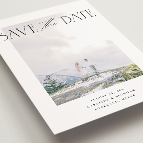 This is a onyx save the date postcards with standard by Pixel and Hank called daydreamer printing on signature in postcard