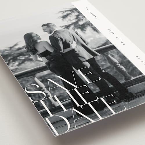This is a pearl save the date postcards with standard by Ana de Sousa called editorial lettering printing on signature in postcard