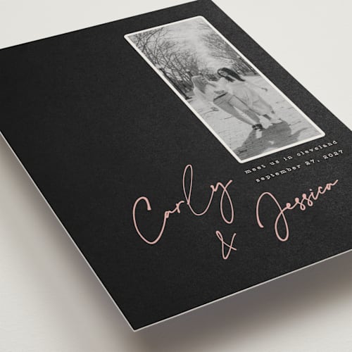 This is a noir save the date postcards with standard by Merian called album cover printing on signature in postcard