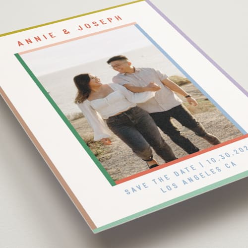 This is a candy save the date postcards with standard by Kelly Watkins called color frame printing on signature in postcard