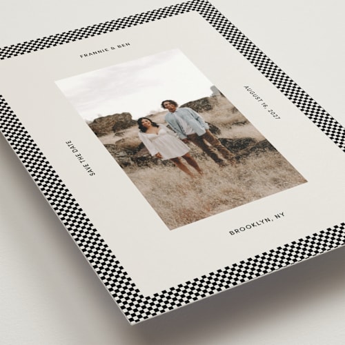 This is a graphic save the date postcards with standard by Inkblot Design called checked in printing on signature in postcard