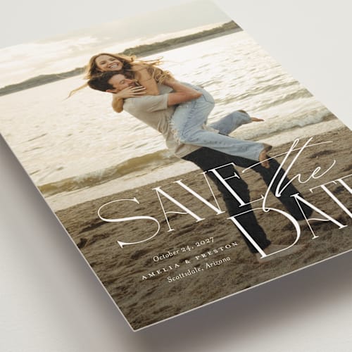 This is a sugar save the date postcards with standard by Jessica Williams called stacked class printing on signature in postcard
