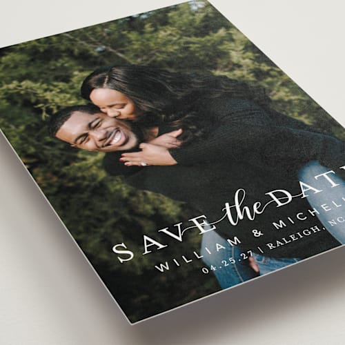 This is a snow save the date postcards with standard by MC Designs called convey our love printing on signature in postcard