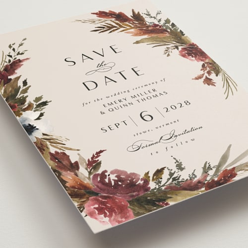 This is a autumn save the date postcards with standard by Kate Ahn called poetique printing on signature in postcard