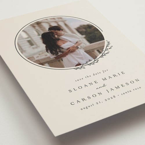 This is a almond save the date postcards with standard by Brianne Larsen called branched printing on signature in postcard