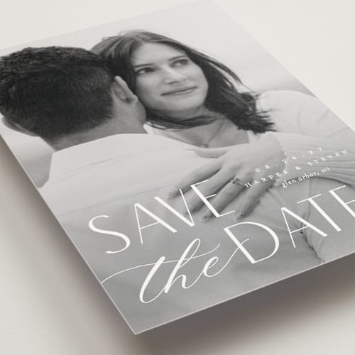 This is a snow save the date postcards with standard by Pixel and Hank called yours forever printing on signature in postcard