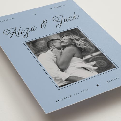 This is a sky save the date postcards with standard by Blustery August called cheers printing on signature in postcard