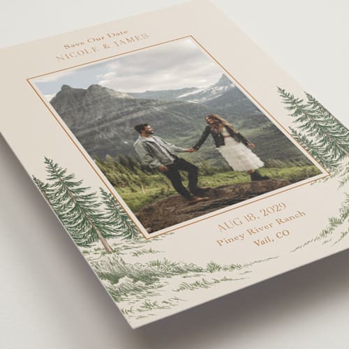 This is a forest save the date postcards with standard by Elly called whispering pines printing on signature in postcard