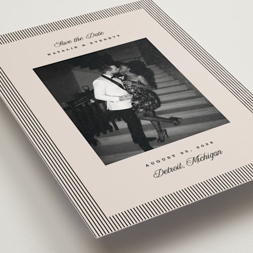 This is a noir save the date postcards with standard by Pixel and Hank called linea printing on signature in postcard