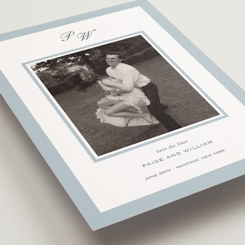 This is a sky save the date postcards with standard by Sara Hicks Malone called briland printing on signature in postcard