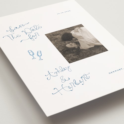 This is a cerulean save the date postcards with standard by Tamara Hilje called positano printing on signature in postcard