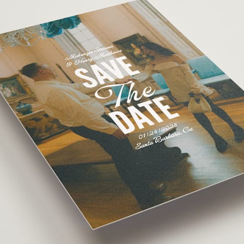 This is a lily save the date postcards with standard by Owl and Toad called full page printing on signature in postcard