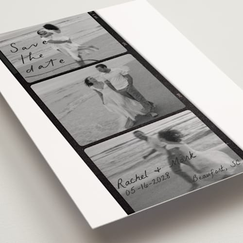 This is a onyx save the date postcards with standard by Sarah Mraz called filmstrip printing on signature in postcard