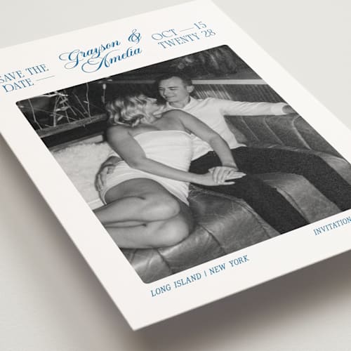 This is a lake save the date postcards with standard by Robert and Stella called opening credits printing on signature in postcard