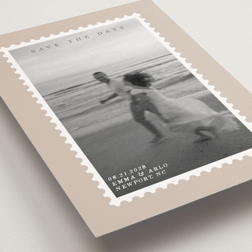 This is a taupe save the date postcards with standard by Claire called stamp printing on signature in postcard