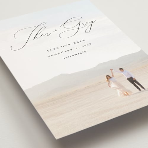 This is a graphite save the date postcards with standard by Snow and Ivy called enchantment printing on signature in postcard