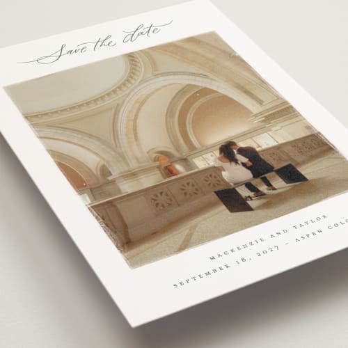 This is a mist save the date postcards with standard by Wildfield Paper Co called drift printing on signature in postcard