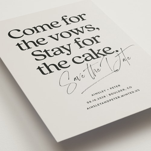 This is a dark chocolate save the date postcards with standard by Jackie Crawford called stay for cake printing on signature in postcard