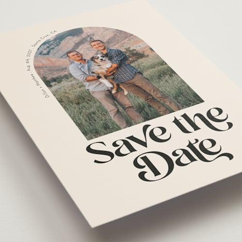 This is a desert save the date postcards with standard by Morgan Kendall called retro arch printing on signature in postcard