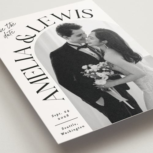 This is a ivory save the date postcards with standard by Alethea and Ruth called side curve printing on signature in postcard