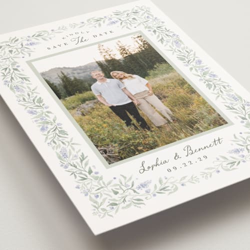 This is a periwinkle save the date postcards with standard by Kristen Smith called delicate vines printing on signature in postcard
