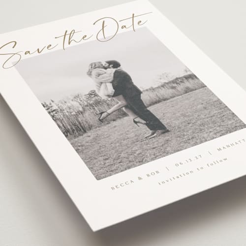 This is a ivory save the date postcards with standard by AK Graphics called flash dance printing on signature in postcard