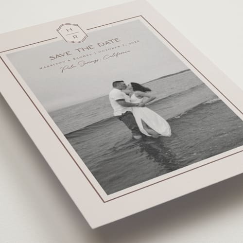 This is a dove save the date postcards with standard by Rachelle Clarke called modern monogram printing on signature in postcard