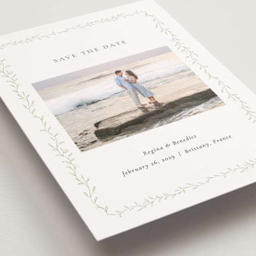 This is a ivy save the date postcards with standard by chocomocacino called cramique printing on signature in postcard