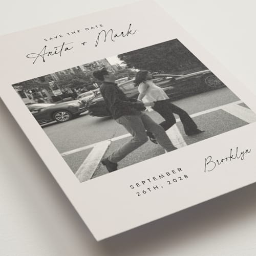 This is a eggshell save the date postcards with standard by Paper Raven Co. called moment in time printing on signature in postcard