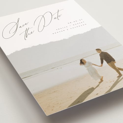 This is a moonstone save the date postcards with standard by Helen Halik called weightless printing on signature in postcard
