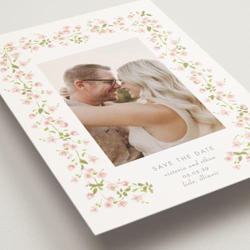 This is a peony save the date postcards with standard by Baumbirdy called rosebud printing on signature in postcard